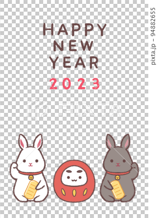 Beckoning white rabbit and beckoning black rabbit and Dharma 2023 New Year's card vertical white background 94882655