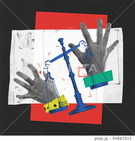 Contemporary art collage. Conceptual image of male hands on scales symbolizing justice and professional law industry 94882915