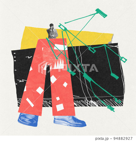 Contemporary art collage. Businessman with long big legs having thoughtful expression. Career development Contemporary art collage. Businessman with long big legs having thoughtful expression. Career development 94882927