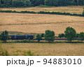 Train passing yellow grass fields in England 94883010