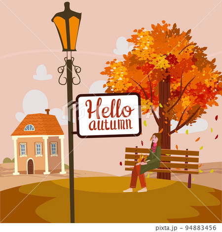 Autumn city park alley road, footpath. Lantern witn banner Hello Autumn, Rural fall view 94883456