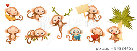Funny Brown Monkey with Prehensile Tail Enjoying Different Activity Vector Set 94884455