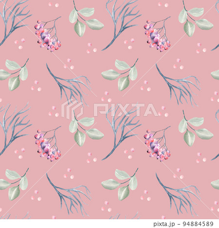 Winter plants, eucalyptus leaves watercolor seamless pattern isolated on pink background. Winter plants, eucalyptus leaves watercolor seamless pattern isolated on pink background. 94884589