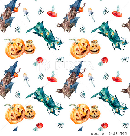 Smiling pumpkins and whimsical houses watercolor seamless pattern isolated on white. Smiling pumpkins and whimsical houses watercolor seamless pattern isolated on white. 94884596