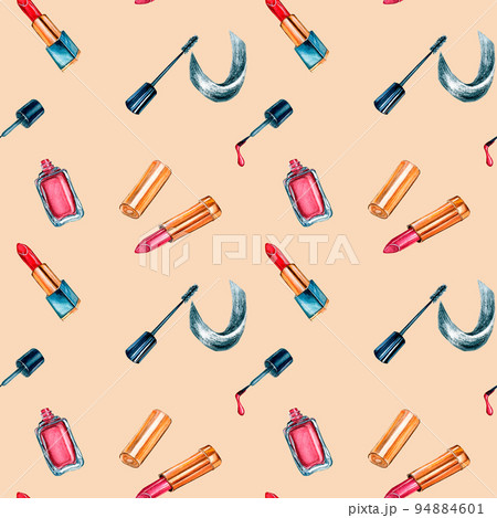 Beauty products watercolor seamless pattern on beige background. 94884601