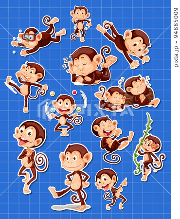 Sticker set of funny monkey cartoon characters 94885009