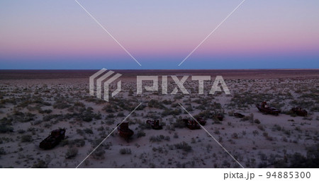 Panorama of ship cemetery at sunset near Moynaq, Karakalpakstan, Uzbekistan Panorama of ship cemetery at sunset near Moynaq, Karakalpakstan, Uzbekistan 94885300