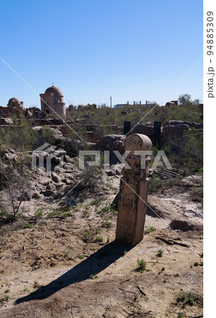 Tomb stone aka Kulpytas at the cemetery of Mizdakhan, Khodjeyli,Karakalpakstan, Uzbekistan 94885309