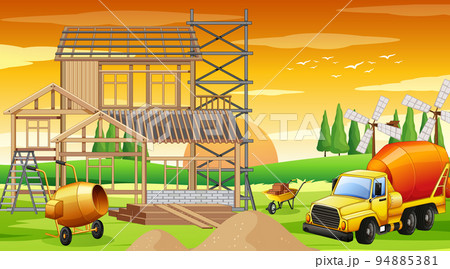 Cartoon scene of building construction site 94885381