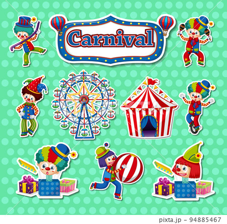 Sticker set of amusement park objects and cartoon characters 94885467