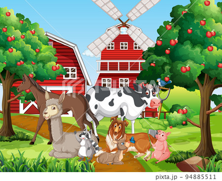 Farm scene with many animals 94885511