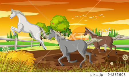 Horse riding scene with horses runningのイラスト素材 [94885603] - PIXTA