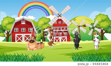 Outdoor farm scene with cartoon dogs 94885868