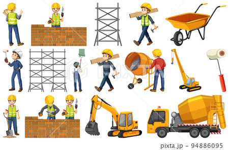 Set of construction site objects and workers Set of construction site objects and workers 94886095