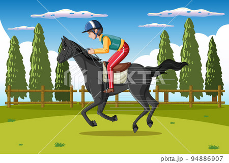 Horse riding scene with jockey and horse Horse riding scene with jockey and horse 94886907