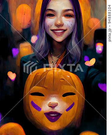 ハロウィンのジャックオーランタンと自撮りする女性 ハロウィンのジャックオーランタンと自撮りする女性 94888104
