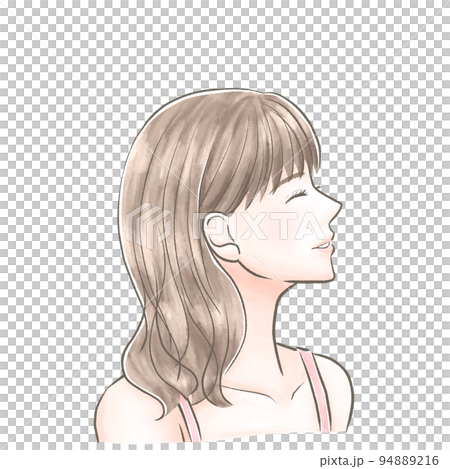 Woman in camisole looking sideways and laughing watercolor style 94889216