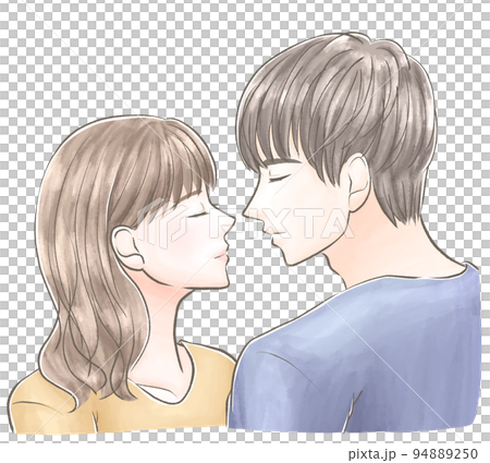 目を閉じて向き合う私服の男女　水彩風 94889250
