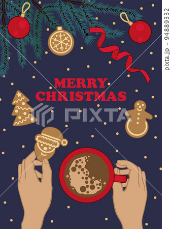 Hands with Christmas tree, coffee and gingerbreads on the desk 94889332