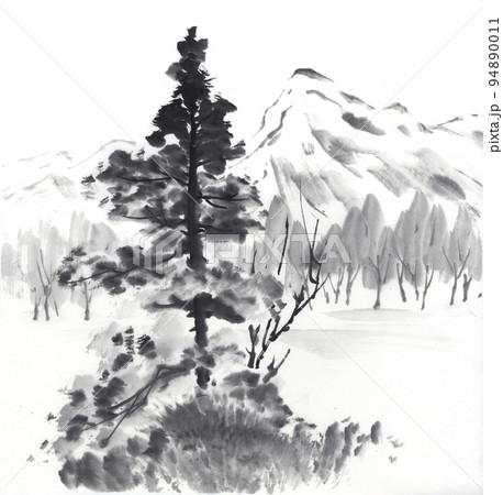 1本の唐松と雪山のある風景 水墨画のイラスト素材 [94890011] - PIXTA