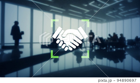 ビジネスオフィスと握手アイコン ビジネスオフィスと握手アイコン 94890697