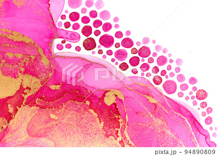 Watercolor pink waves, swirls and drops with golden layers 94890809