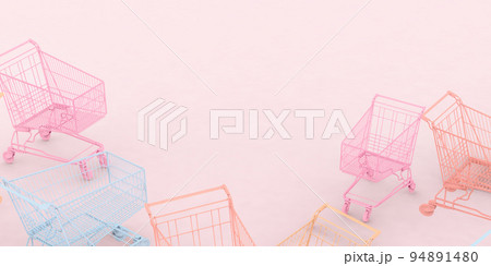 Different pastel colored shopping carts on pink background. Black Friday sales fuss minimalistic concept. Shop online, free delivery, Cybermonday, Discounts, Valentines and International Women's Day Different pastel colored shopping carts on pink background. Black Friday sales fuss minimalistic concept. Shop online, free delivery, Cybermonday, Discounts, Valentines and International Women's Day 94891480