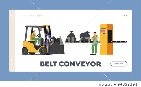 Belt Conveyor Landing Page Template. Wastes Recycling Manufacturing Process. Workers Characters Loading and Sort Trash 94892391