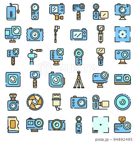 Action camera icons set. Outline set of action camera vector icons thin line color flat on white Action camera icons set. Outline set of action camera vector icons thin line color flat on white 94892495