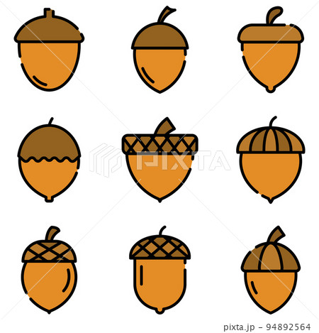 Acorn icons set. Outline set of acorn vector icons thin line color flat on white 94892564