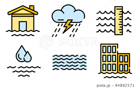 Flood icons set. Outline set of flood vector icons thin line color flat on white 94892571