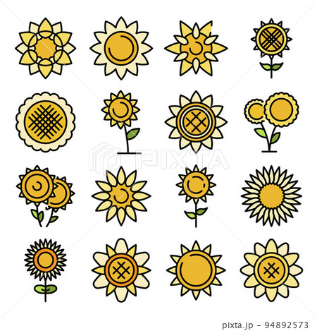 Sunflower icons set. Outline set of sunflower vector icons thin line color flat on white 94892573