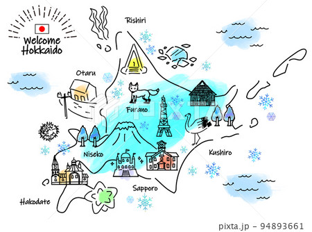 冬の北海道の観光地のシンプル線画イラストマップ 冬の北海道の観光地のシンプル線画イラストマップ 94893661