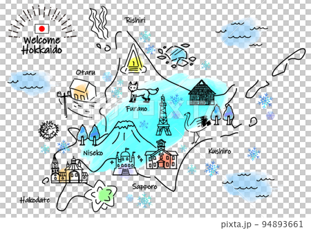 Simple line drawing illustration map of tourist spots in Hokkaido in winter Simple line drawing illustration map of tourist spots in Hokkaido in winter 94893661