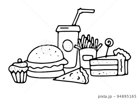 Doodle cafe concept with burger, soda, French fries, pizza Doodle cafe concept with burger, soda, French fries, pizza 94895165