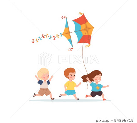 Cute cheerful children playing with kite cartoon vector illustration isolated. Cute cheerful children playing with kite cartoon vector illustration isolated. 94896719