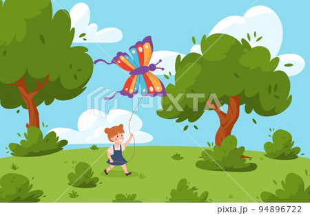Cute little girl flying kite in shape of butterfly, flat vector illustration. 94896722