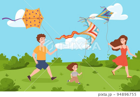 Happy family flying kite together in park, flat vector illustration. Happy family flying kite together in park, flat vector illustration. 94896755