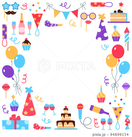Event service square frame with circle space for text. Concept with balloons, cake, muffin on white background. Flat holiday management design. Birthday party celebration business illustration. Event service square frame with circle space for text. Concept with balloons, cake, muffin on white background. Flat holiday management design. Birthday party celebration business illustration. 94899154