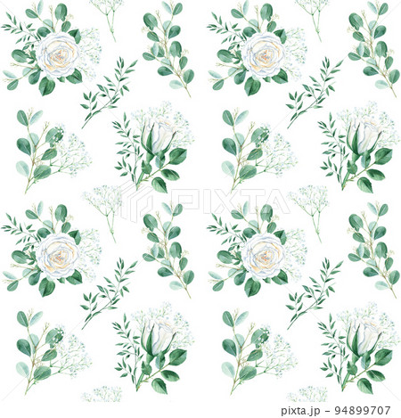 Seamless pattern with white roses, gypsophila, eucalyptus and pistachio branches. Watercolor illustration. Can be used for wedding prints, gift wrapping paper, backgrounds for Valentine's day and 94899707