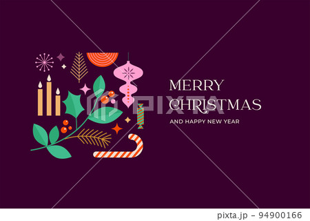 Christmas background with multiple Xmas decorations and winter elements. Colorful vector 94900166