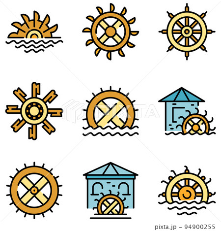 Water mill icons set. Outline set of water mill vector icons thin line color flat on white Water mill icons set. Outline set of water mill vector icons thin line color flat on white 94900255