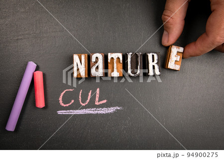 Nature and Culture concept. Wooden blocks on a dark chalkboard Nature and Culture concept. Wooden blocks on a dark chalkboard 94900275