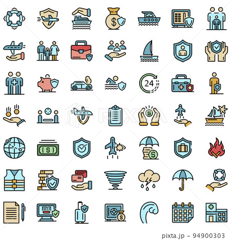 Family travel insurance icons set. Outline set of family travel insurance vector icons thin line color flat on white 94900303