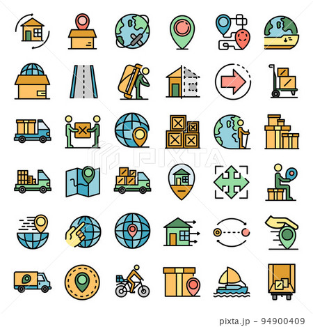 Relocation icons set. Outline set of relocation vector icons thin line color flat on white 94900409