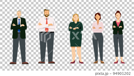 腕組みをする多人種の男女ビジネスマンのイラストセット 8等身 白人 黒人 アジア人のイラスト素材