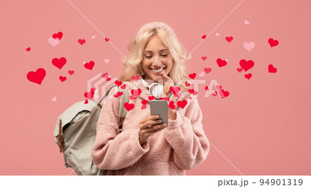 Happy female student using smartphone, texting boyfriend online, collage 94901319