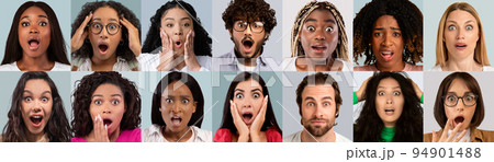 Collection of shocked young people posing on grey, collage Collection of shocked young people posing on grey, collage 94901488