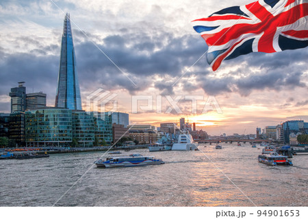 View from Tower Bridge against Thames river with tourist boat in London, England, UK 94901653