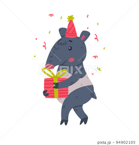 Cute Grey Tapir Animal with Proboscis Wearing Birthday Hat Carrying Gift Box Vector Illustration 94902105